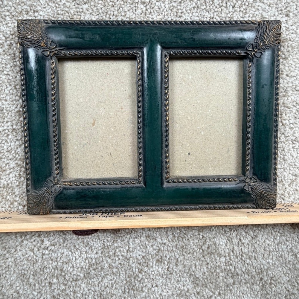 Vintage Forest Green Double Picture Frame Gold Rope Trim Ornate Floral